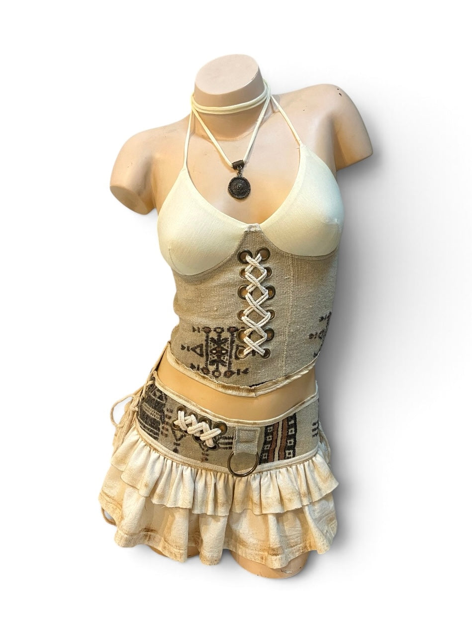 Ensemble berbère femme S/36 – Top corseté & mini-jupe ajustable – Pièce unique