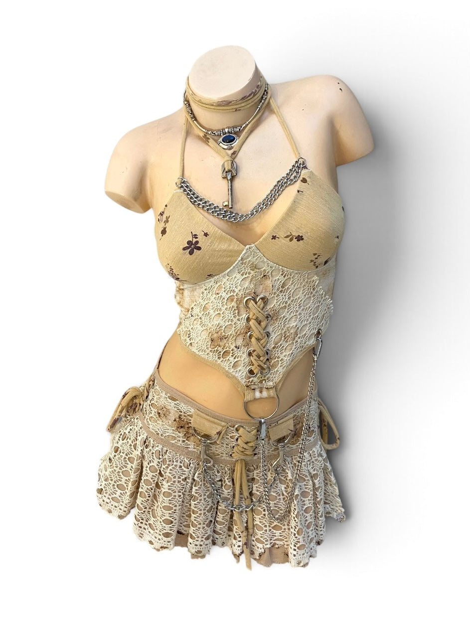 Ensemble vintage dystopique femme S/36 – Top dos lacé & jupe dentelle ajustable